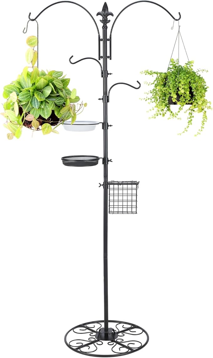 MorningRo Adjustable Shepherd Hook Stand, 34"- 55" Black Iron Shepherd Hook with Base for Plant Hanging, Wind Chime & Bird Feeder - Outdoor Garden Porch Decoration(Classic Style)