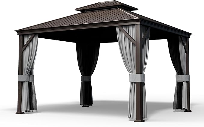 PAMAPIC 10x12FT Premium Hardtop Gazebo, 2-Tier Galvanized Steel Roof with Aluminum Frame, UV-Proof Curtains & Mosquito Netting, All-Weather Outdoor Pavilion for Backyard, Garden & Parties,Brown