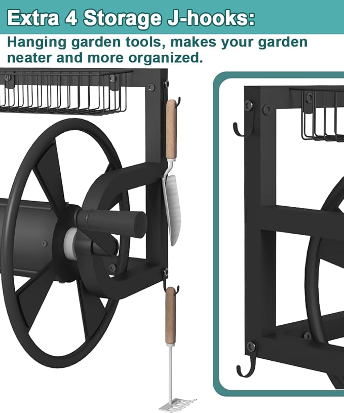 Artigarden Outdoor Wall Mounted Hose Reel with Hook, Garden Heavy-Duty Water Holder Winder with 3.9 ft Leader Hoses, Brass Fitting and Storage Basket for Yard, Holds 125 Ft of 5/8-Inch Hose, Black