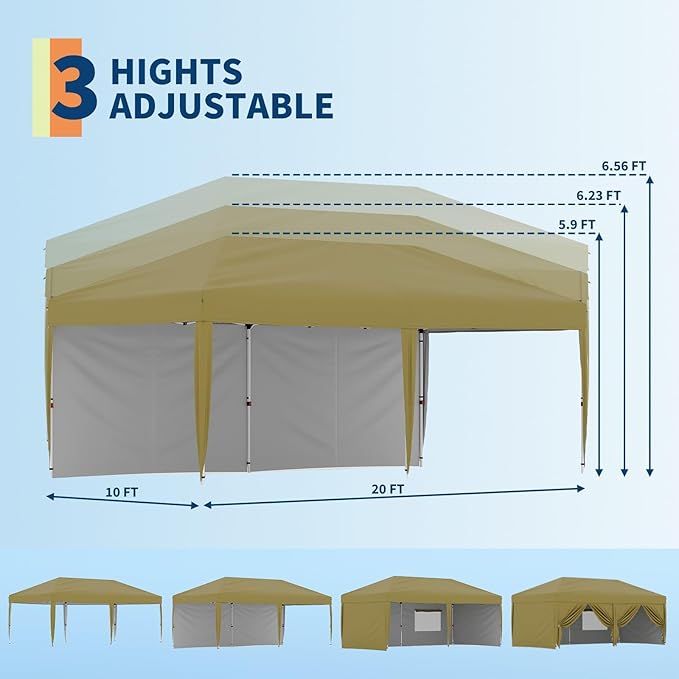 10'X20' Commercial Gazebo Pop-Up Canopy Tent, 5-Minute Setup No Tools Needed, 2 Sidewalls, 8 Stakes & 6 Sandbags, 210D Oxford UV Protection with Roller Bag for Farmers' Market, Wedding, Parties