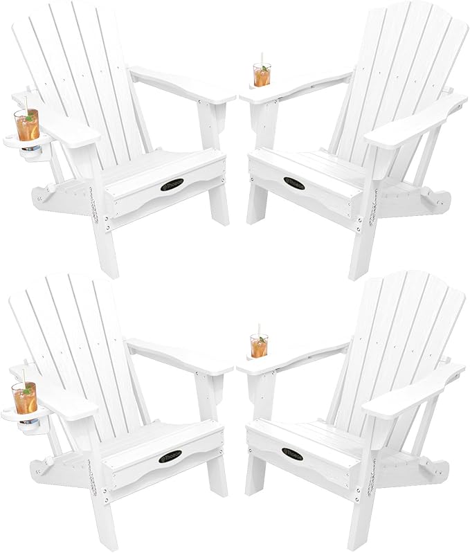 THOEOE Folding Adirondack Chair Set of 4, HDPE All-Weather Outdoor Chair with Cup Holder, Wooden Textured, Fire Pit Chair, Plastic Patio Chair for Deck, Backyard, Garden, Lawn, White
