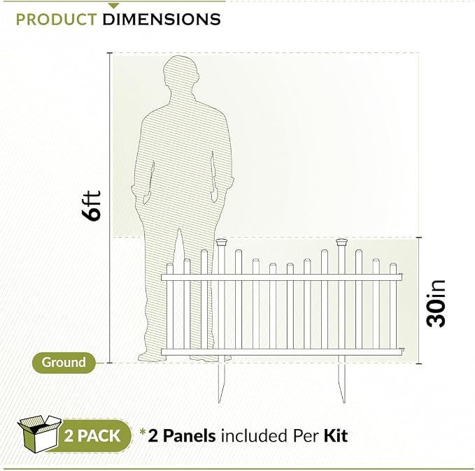 2.5ft H x 4.7ft W (2 Panels) No Dig Zippity Madison Fence Panel Kit, No Dig Panels, White Vinyl Fencing for Yard, Temporary Barrier for Backyard, White Picket Garden Border, DIY Enclosure ZP19001