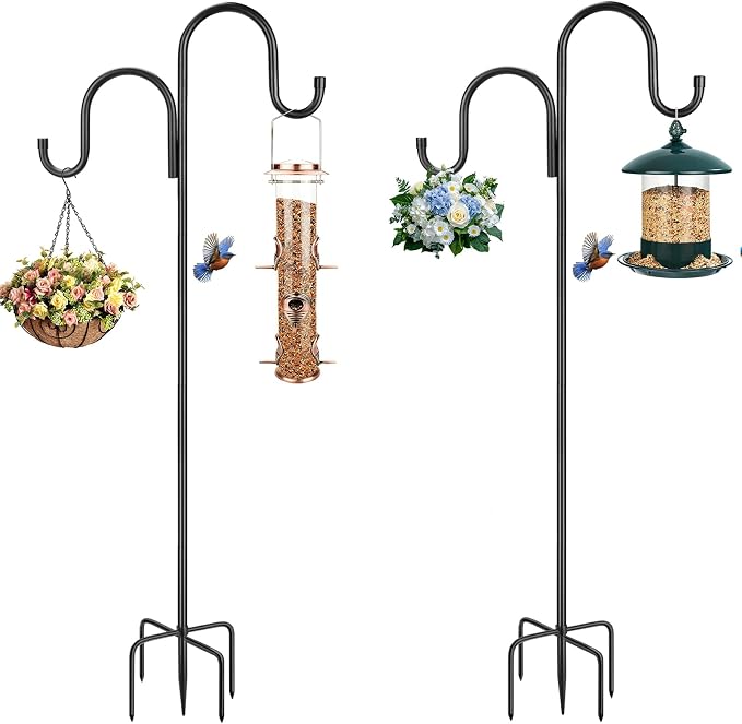 95 Inch Double Shepherds Hooks for Outdoor, Heavy Duty Bird Feeder Pole with 5 Prong Base for Hanging Lantern, Hummingbird Feeder, Lightweight Plant, Shepherd Hook for Bird Feeder for Outside, 2 Packs