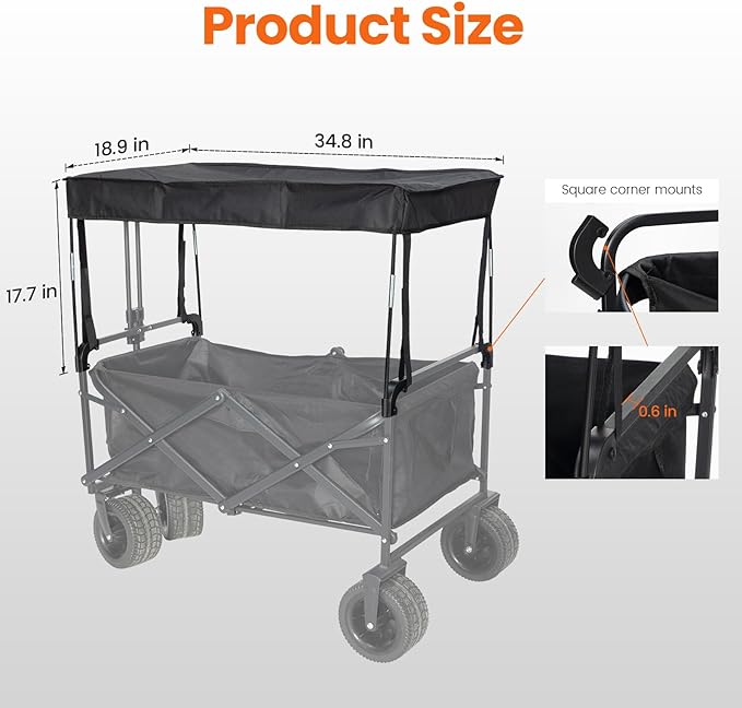 Removable Wagon Canopy Attachment with Rods – Foldable Sun Shade Cover for Collapsible Beach Utility Push Pull Cart, Outdoor Picnic Trolley (Black)