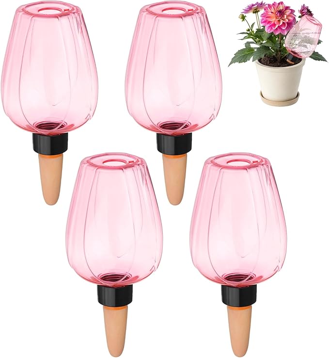 M METERXITY 4-Pack Plant Self Watering Globes, 6.8 oz Plastic Rose Water Bulbs Top Fill for Indoor/Outdoor Plants, Self Watering Spikes Slow Release Terracotta [Pink]