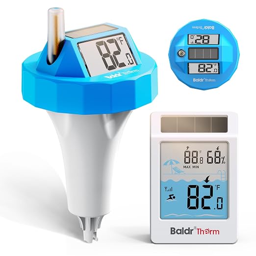 BALDR Wireless Pool Thermometer Floating Easy Read, 2026 Upgrade Solar Powered Water Temperature Gauge with Indoor Monitor, IPX8 Waterproof 500FT Range for Pools,Hot Tubs,Spas, Baths, Aquariums