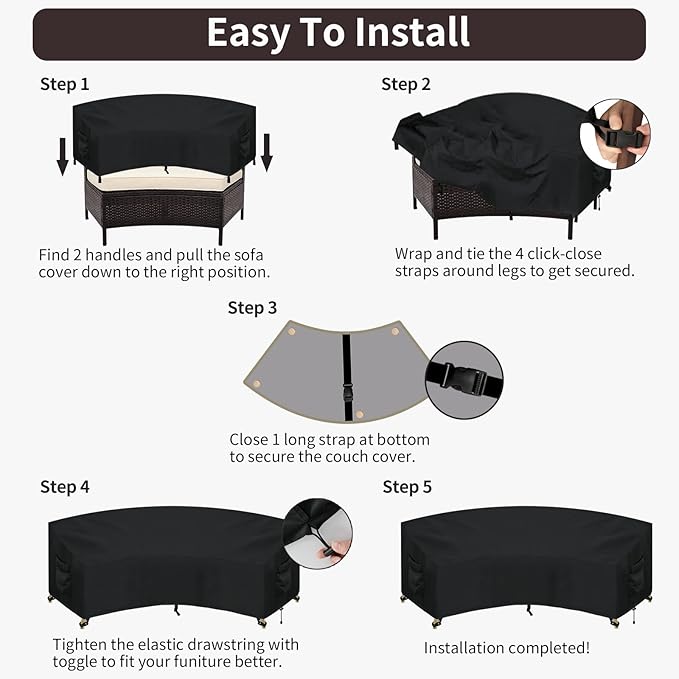 PureFit Outdoor Sectional Sofa Cover Waterproof Curved Patio Furniture Covers for Deck, Lawn and Backyard, 90Lx34Dx32Hx46FL, Black
