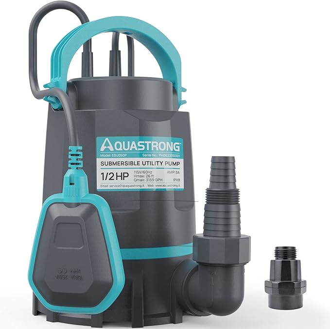 Aquastrong 1/2 HP Utility Pump 3159 GPH Submersible Water Pump with Float Switch, Draining Flooded Basement, Pool, Hot Tub, Pond, Garden Irrigation, 10ft Cord