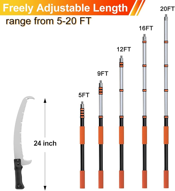 LAANPOLE 26FT Pole Saw, Telescoping Tree Trimmer with 5-20FT Extension Pole, Manual Branches Pruner for Backyard