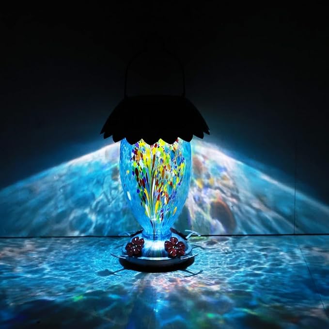 Solar Hummingbird Feeder for Outdoors Hanging Colorful Lighting 32 Oz Hand Blown Glass Hummingbird Feeder for Garden Decoration with Accessories (Color)