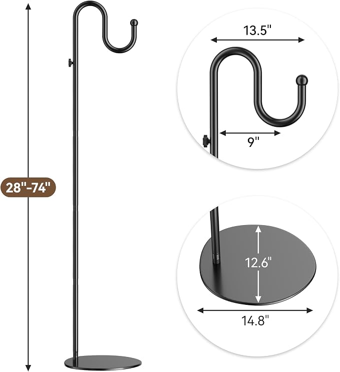 74" Shepherds Hook Stand, Adjustable Wind Chime Stand with Heavy Duty Base, Free Standing Plant Hanger Pole for Bird Feeders, Lanterns, Wreaths & Plants, Indoor Outdoor, Holds Up to 20 LBS, Black