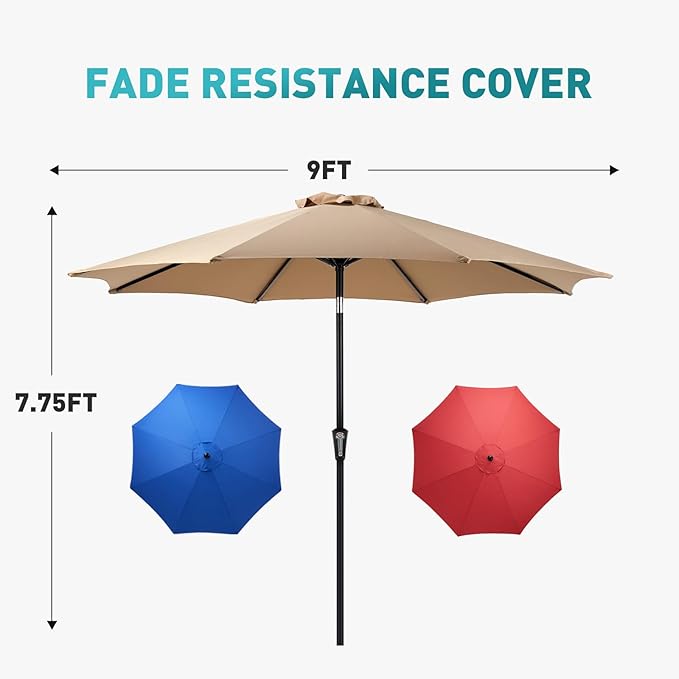 OLIXIS 9FT Patio Table Umbrella with Tilt and Crank Button & 8 Sturdy Ribs Waterproof, 9 Feet Outdoor Patio Umbrella Sun Shade for Poolside, Terrace, Beach and Restaurant, Khaki
