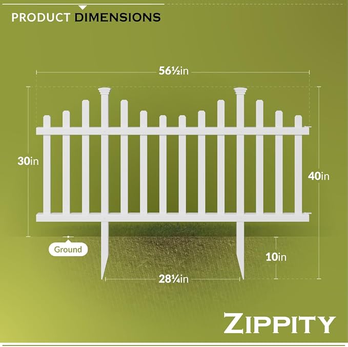 2.5ft H x 4.7ft W (2 Panels) No Dig Zippity Madison Fence Panel Kit, No Dig Panels, White Vinyl Fencing for Yard, Temporary Barrier for Backyard, White Picket Garden Border, DIY Enclosure ZP19001