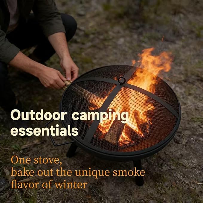 23inch Portable Fire Pit with Fire Poker and Spark Screen, 2 in 1 Small Round Outdoor Fireplace for Outside Heating, Bonfire Party, Camping, Backyard, Patio, Garden, RV Trip