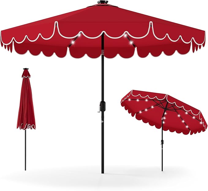 Tangkula 9 FT Solar Patio Umbrella, 2-Tiers Scalloped Outdoor Table Market Umbrella with 32 LED Lights, Vented Top, Tilt Adjustment, Crank, 8 Ribs for Backyard Poolside Deck Beach Lawn (Red)