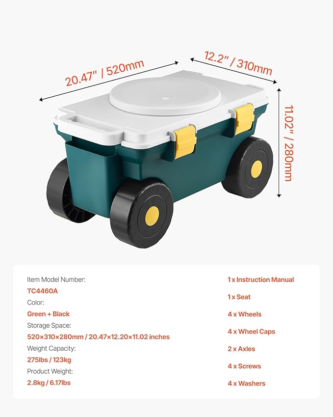 VEVOR Rolling Garden Cart with Seat, Metal Rolling Garden Work Seat with Wheels, Supports up to 400 LBS, Heavy Duty Gardening Cart Scooter, Outdoor Wagon & Stool on Wheels for Lawn, Patio, Backyard