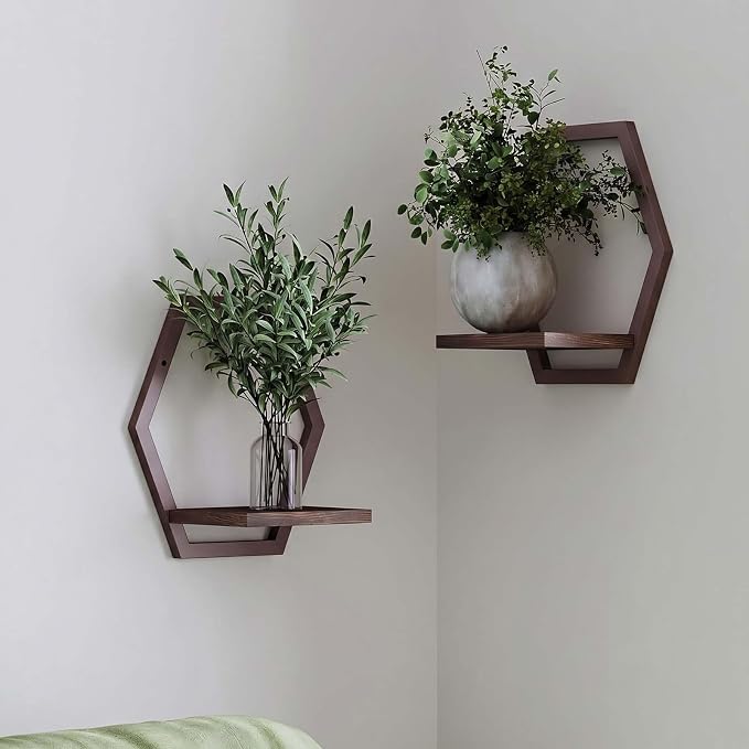 2 Pack Walnut Color Solid Wood & Metal Framework Wall Plant Stands,9 inch Natural Wood Shelf of Indoor,Mid Century Modern Hanging Planter for Outdoor Entryway 25 LB Load for Plants Coffee