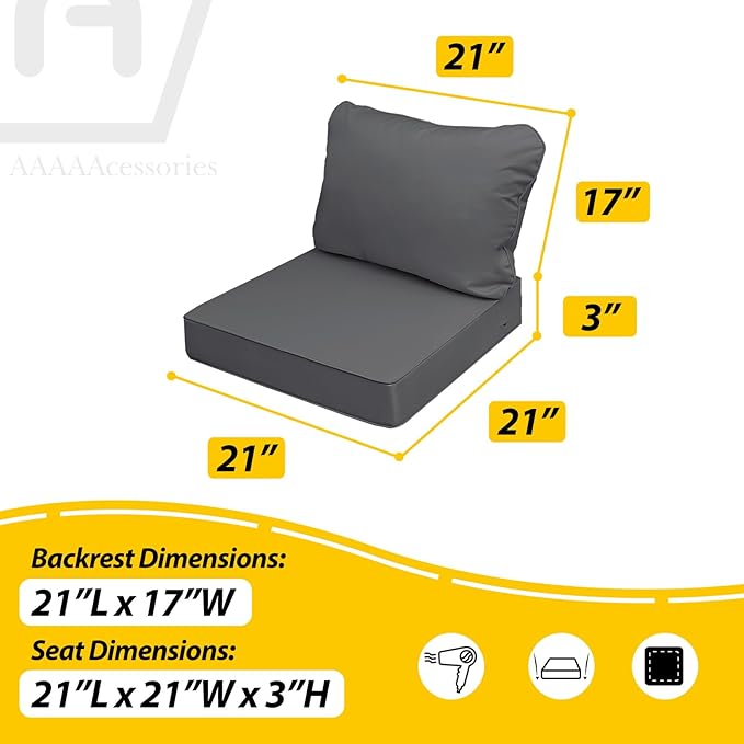 AAAAAcessories Outdoor Seat Cushions for Chairs, Fade-Resistant, Waterproof Patio Furniture Replacement Cushions, 21" x 21" x 3" + 21" x 17", Dark Gray