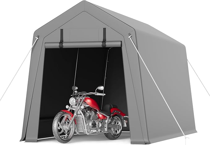 6X6 ft Heavy-Duty Portable Motorcycle Storage Shed with Roll-Up Door & Vent, 220g Waterproof PE Tarp & UV Protection, Motorcycle Shed for Motorcycles, Firewood, Garden Tools - Gray