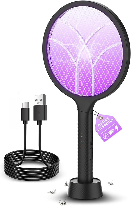 Mosiller Electric Fly Swatter Racket, 4000V Bug Zapper with 1800mah & Dual Modes, 2 in 1 Rechargeable Purple Mosquito Light Killer with 3-Layer Safety Mesh for Indoor Home Patio Camping Office(1 Pack)