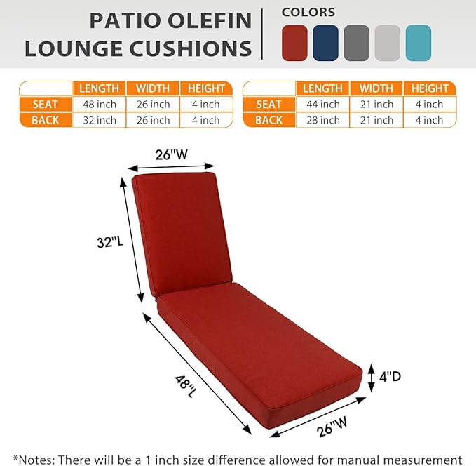 Sundale Outdoor Olefin Chaise Lounge Cushion, Water-Resistant Patio Lounge Chair Cushion, Thick Lounger Pad with 4 Straps Red, 80 x 26 x 4 Inches