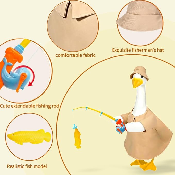 Fishing Porch Goose Outfits, Fisherman Costume for 23 Inch Plastic/Cement Goose, Goose Sculpture Clothes for Summer Yard Patio Party Decoration(Fishing Enthusiast 1)
