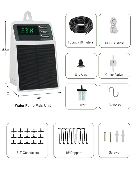 Solar Automatic Drip Irrigation System, 15 Pot Self Watering System with 2200mAh, IPX5 Waterproof, USB-C & Solar Charging, Timer Modes for Indoor/Outdoor Garden, Balcony & Patio