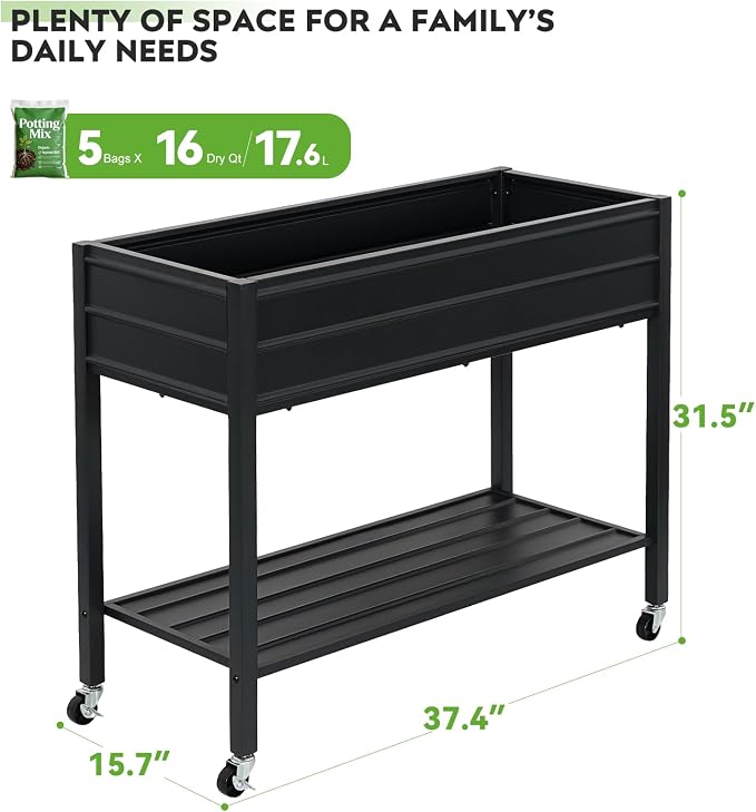 32" Tall Galvanized Raised Garden Bed with Legs Wheels & Shelf, Elevated Planter Box Outdoor for Vegetables, Herbs & Flowers, Patio & Backyard, Garden Bed with 400lb Capacity，Black