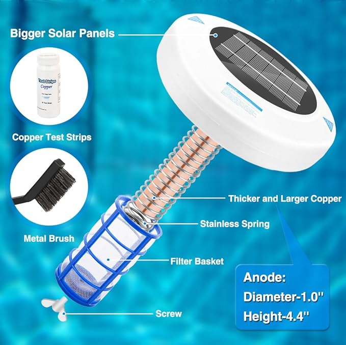 Solar Pool Ionizer for Above Ground & Inground Pools Up to 45,000 Gallons – Floating Pool Water Cleaner with Thick Copper Anode & Oversized Solar Panel, Easy Pool Maintenance, Low-Maintenance Design