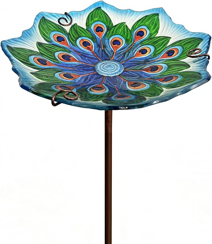 Glass Bird Bath with Stake 10.5" – Shallow Bird Bath for Outside Garden Backyard – Decorative Birdbath & Feeder for Patio Lawn – Hand-Painted Glass Water Dish, Peacock