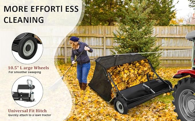 GAOMON 48" Pull-Behind Lawn Sweeper with 27 Cu.ft Large-Capacity Collector — Heavy-Duty Tow-Behind Leaf & Grass Sweeper for Tractors & ATVs, Adjustable Sweeping Height & Easy Dump Rope Design
