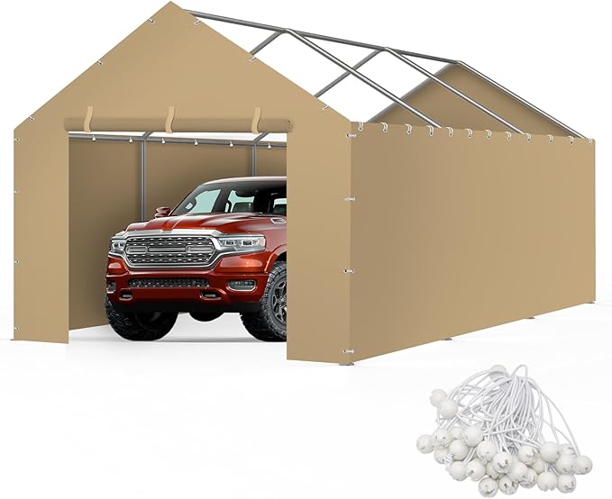 Carport Replacement Canopy Cover Sidewalls for 10x20x9.35FT Frame, Heavy Duty Garage Car Tent Shelter Tarp with Ball Bungees, Waterproof & UV Protected (Frame is not Included) (Khaki)