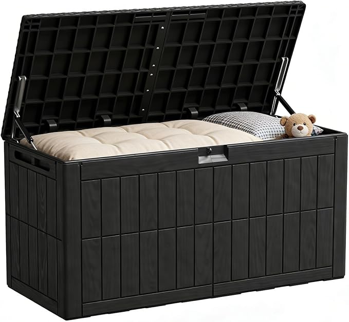 100 Gallon Outdoor Storage Box, Waterproof Lockable Resin Deck Box with Seat, Patio Furniture Cushion Storage, Garden Tool Organizer & Pool Toy Box, Black
