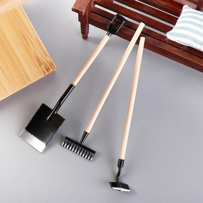 3Pcs Miniature Garden Tools 1:12 Mini Shovels and Rake Farm Tools Fairy Garden Furniture Dollhouse Accessories (Black)