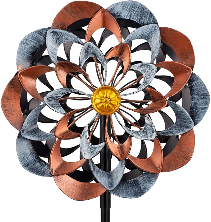 VEWOGARDEN 360° Outdoor Metal Wind Spinners Kinetic Wind Sculptures & Spinners for Yard Garden Lawn Patio Decorations, Gray & Bronze