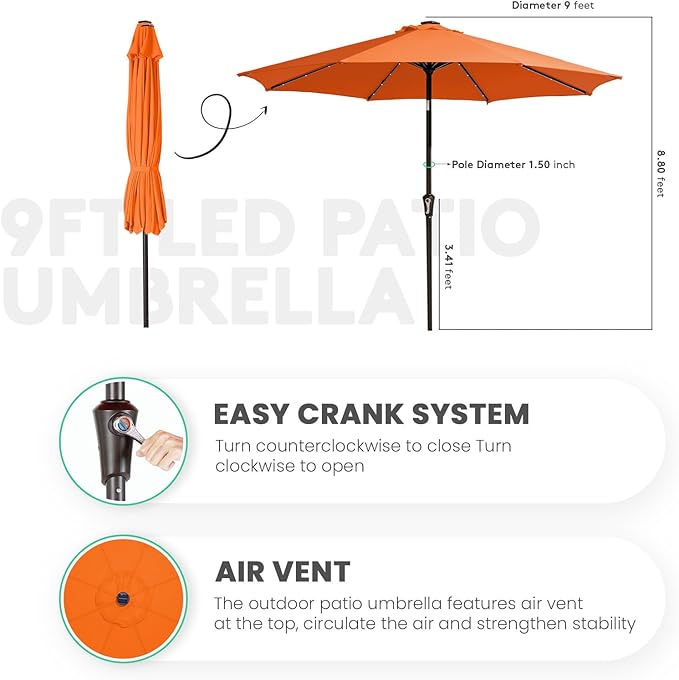 JEAREY 9FT Outdoor Patio Umbrella with Solar Lights, LED Lighted Pool Umbrella with Tilt and Crank, Outdoor Table Umbrellas for Deck, Yard & Market (Orange)