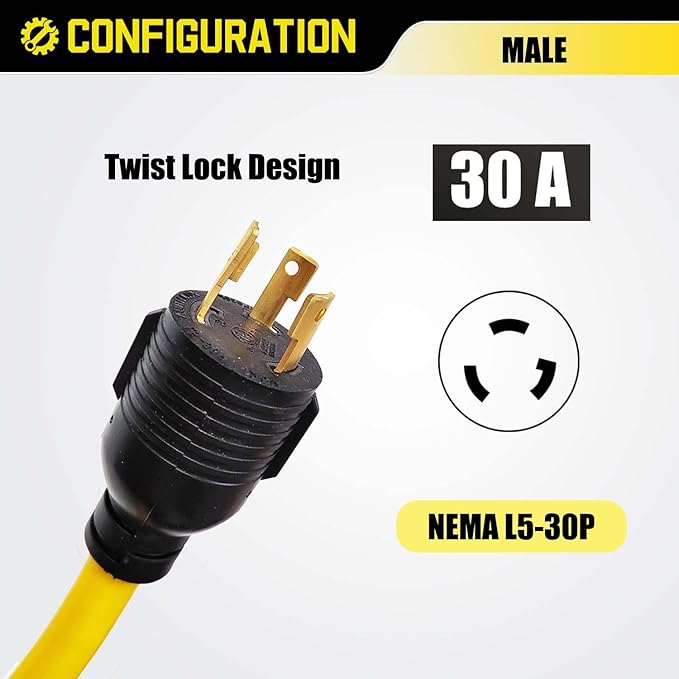 30 Amp 3 Prong Twist Lock to RV Adapter Cord, Generator Locking Plug NEMA L5-30P to TT-30R for Trailer Camper