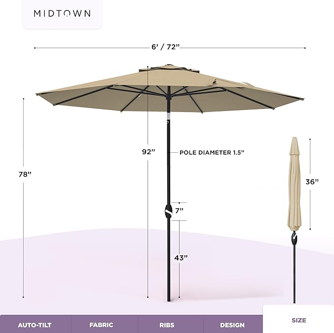 Midtown Umbrellas - 10-Year-No-Fade 6 Ft Patio Umbrella with Terylast Fabric, Auto-Tilt Aluminum Frame and 8 Reinforced Ribs for Deck, Pool, Garden & Beach - Chestnut Beige Canopy, Black Pole
