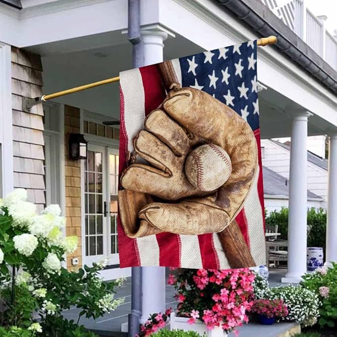AOYEGO Baseball House Flags 28 x 40 Double Sided Burlap Bat and Glove on an American Flag Yard Flags Spring Summer Farmhouse Seasonal Outdoor Flag
