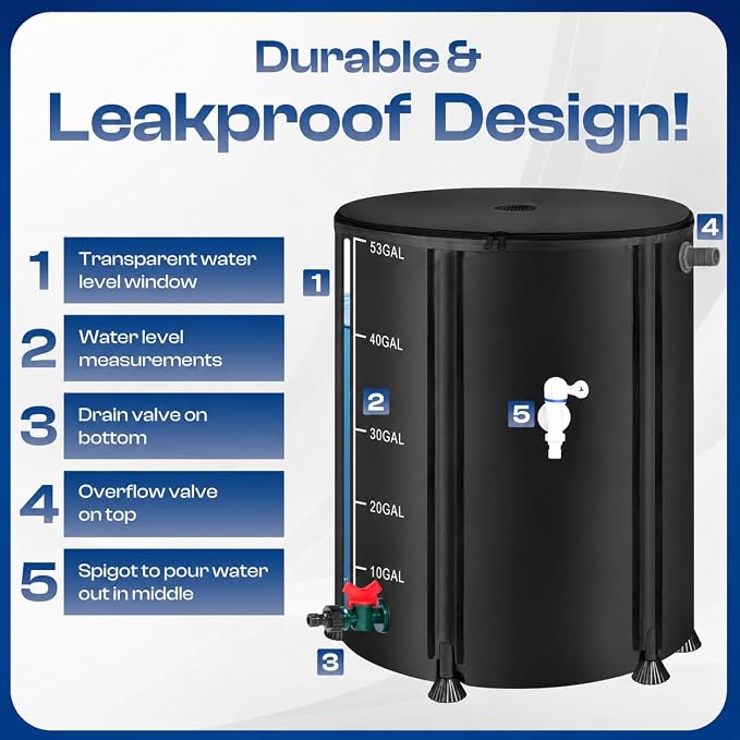 Collapsible Rain Barrel, Portable Rain Water Collection System Kit, 53 Gallon – Foldable Water Tank & Storage Reservoir with Spigot for Garden, Lawn, & Emergency Use
