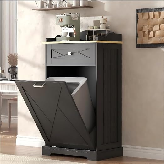 kepptory Tilt Out Trash Can Cabinet, 12 Gallon Farmhouse Laundry Hamper Cabinet with Drawer, Hidden Wooden Trash Garbage Can Bin with Storage Basket for Kitchen, Living Room (Black)