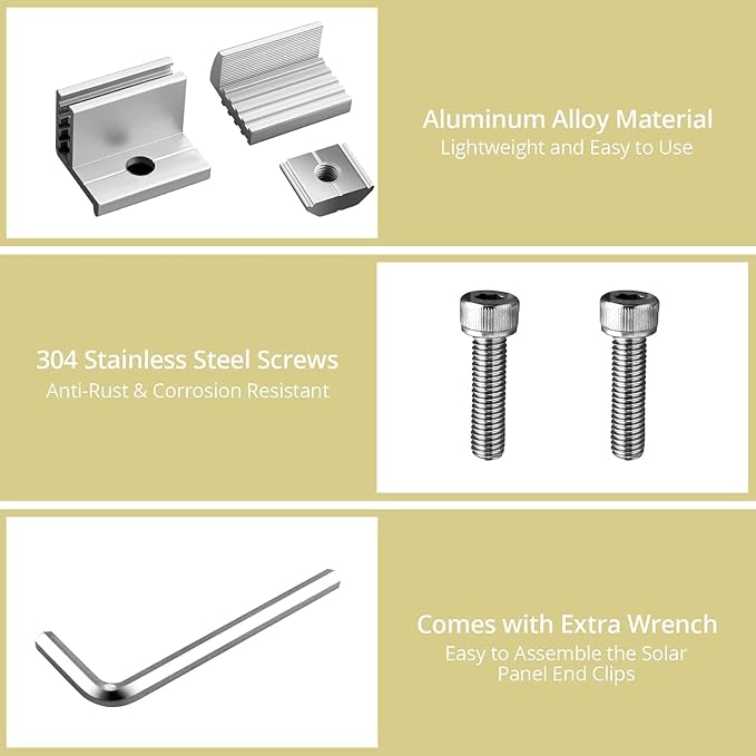 Anbte Solar Panel Mounting Brackets 30-50mm Adjustable, 10pcs Aluminum Solar Panel End Clamp Include 10*Screw M8 and 1*Wrench, Solar Mount Kit for Metal Roof, Tin Roof, Flat Roof, Sheet Roof, Silver