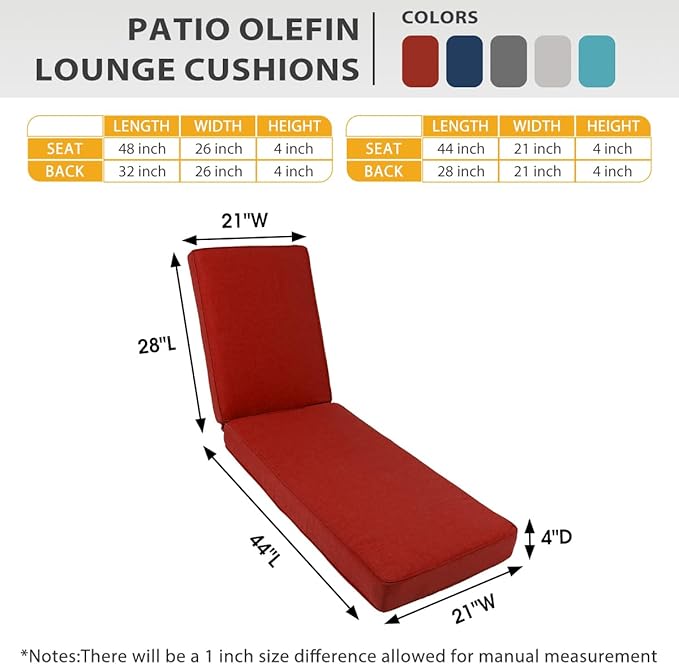 Sundale Outdoor Olefin Chaise Lounge Cushion Set of 2, Water-Resistant Patio Lounge Chair Cushion, Thick Lounger Pad with 4 Straps Red, 72 x 21 x 4 Inches