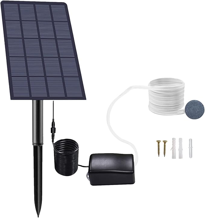 Andoer Solar Pond Oxygenator, Plug-in Solar Oxygen Pump with Pipe Air Bubble Stones Aquarium Oxygen Aerator Air Pump Fishing Aerator for Garden Fish Tank Outdoor Pool Pond (2.5W)