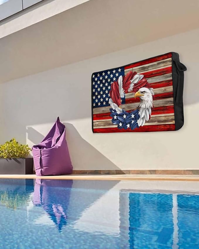 DecorLovee Vintage American Flag Outdoor TV Cover 48 to 50 Inches Weatherproof & Waterproof, Eagle Wreath Outdoor TV Enclosure with Remote Control Pocket, Blue Red USA Flag TV Screen Protectors for TV