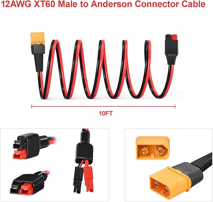 ELFCULB XT60 to Anderson Adapter,12AWG XT60 Male to Anderson Connector Cable for Portable Power Station UAV RC Battery (10FT)