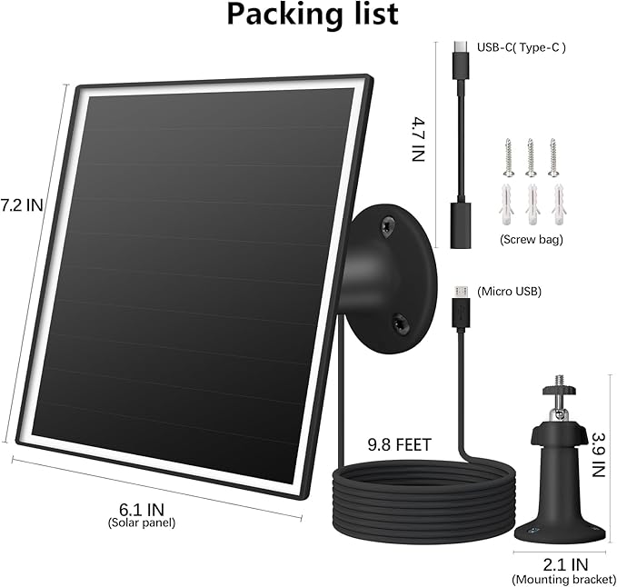 6W Solar Panel for Outdoor Security Camera with Micro USB & USB - C Port, Solar Panel Charger for Battery Camera，Fits Wyze/Reolink DC 5V Output, IP65/360° Adjustable, 9.8ft Cable, Fast Charging