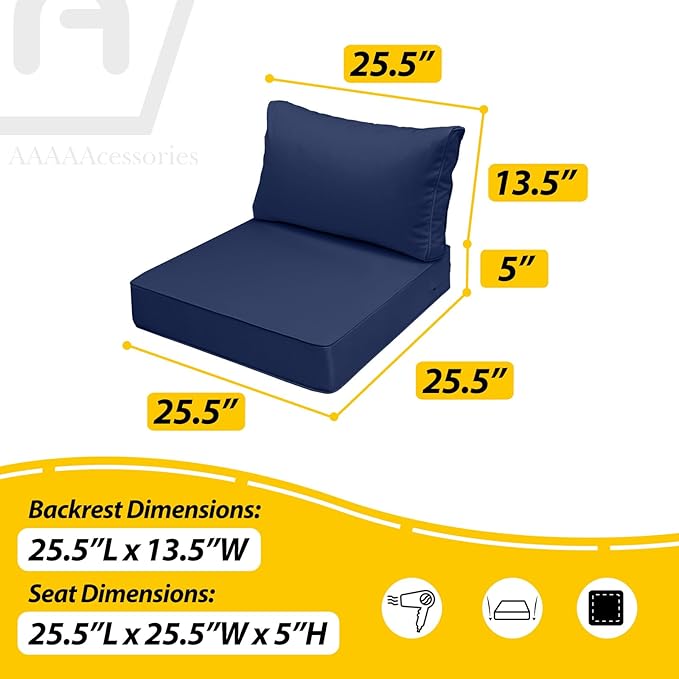 AAAAAcessories Outdoor Seat Cushions for Chairs, Fade-Resistant, Waterproof Patio Furniture Replacement Cushions, 25.5" x 25.5" x 5" + 25.5" x 13.5", Navy Blue