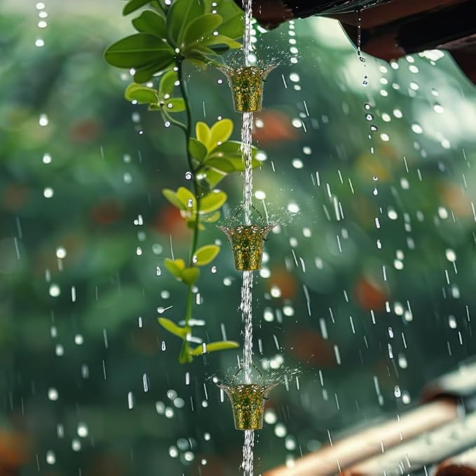 10ft Rain Chains for Outside, 12-Cup Rain Chain Replacement Downspout for Gutters,Eaves, Drainage, Adjustable Length(Yellow & Green)