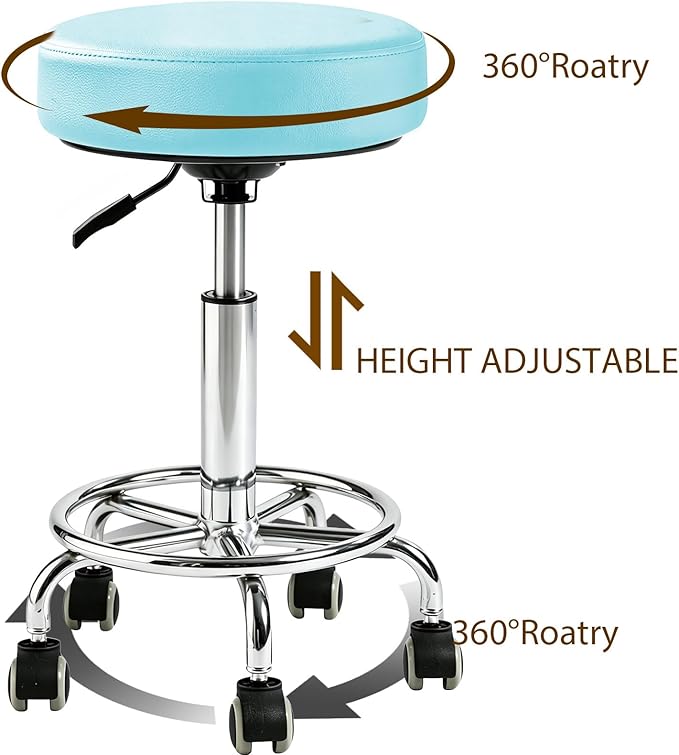 Adjustable Rolling Stool with Wheels Heavy Duty Round RollingStool with Footrest, Patent Leather Drafting Stool Chair with Wheels Work Spa Salon Seat,Blue
